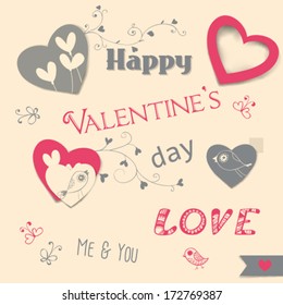 Valentine day scrapbook illustration, heart shaped cards with hand - drawn birds and hearts, floral elements and stylized butterflies