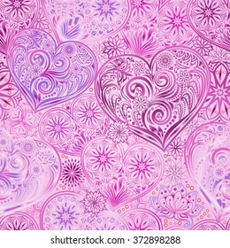 Valentine Day seamless background with hearts and flowers. Hand drawing floral motif vintage vector EPS-8 texture. The ability to change colors without loss of seamlessness.