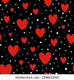 Valentine day seamless doodle pattern red hearts and white polka dots on black background. Seamless background for holiday wrapping, wallpapers, textiles and other design