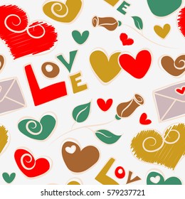 Valentine day seamless pattern. Abstract Valentines day background. Vector hearts love Handmade Paper in yellow and red colors.