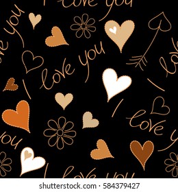 Valentine day seamless pattern. Abstract Valentines day background. Vector hearts love Handmade Paper in orange, yellow and beige colors.
