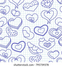 Valentine day seamless pattern with blue ink hearts on a notepad paper. Vector illustration.