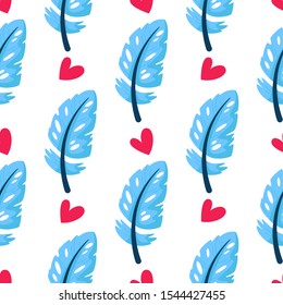 Valentine Day seamless pattern - cartoon blue feathers and pink hearts on white, gentle lovely holiday ornament or decor - vector romantic background, endlessetexture for wrapping, textile, print