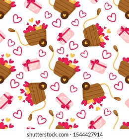 Valentine Day seamless pattern - cartoon pink gift box with bow, little hearts, wooden cart or wheelbarrow, holiday romantic mood, vector background or texture for wrapping, textile
