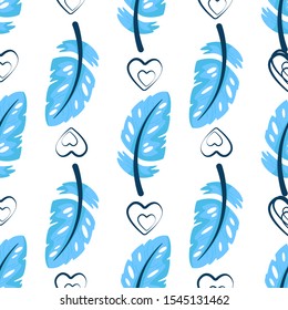 Valentine Day seamless pattern - cartoon blue feathers and hearts on white, gentle lovely holiday ornament or decor - vector romantic background, endlessetexture for wrapping, textile, print