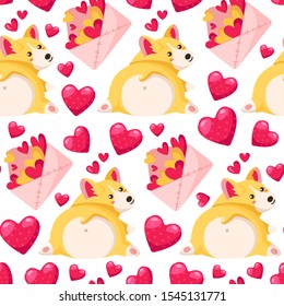 Valentine Day seamless pattern - cartoon envelope with hearts, cupcake or dessert, cute eiffel tower, pink bicycle, crystal, gift box - vector romantic background, texture for wrapping, textile 