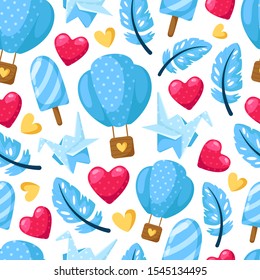 Valentine Day seamless pattern - cartoon blue hot air balloon, feather, hearts, paper cranes on white, gentle holiday ornament or decor - vector romantic background, texture for wrapping, textile