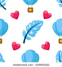 Valentine Day seamless pattern - cartoon feathers, hot air balloon, pink hearts on white, gentle lovely holiday ornament or decor - vector romantic background, texture for wrapping, textile, print