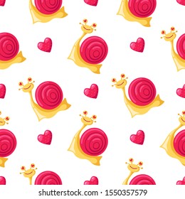 Valentine Day seamless pattern - cartoon kawaii snail with pink shell, hearts, happy lovely character - vector romantic background, endless texture for wrapping, textile, rhythmic ornament