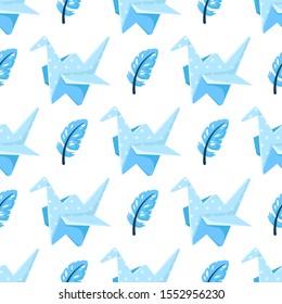 Valentine Day seamless pattern - cartoon blue feathers, paper origami cranes on white, gentle holiday ornament or decor - vector romantic background, endless texture for wrapping, textile