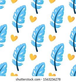 Valentine Day seamless pattern - cartoon blue feathers and yellow hearts on white, gentle lovely holiday ornament or decor - vector romantic background, endlessetexture for wrapping, textile, print