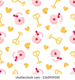 Valentine Day seamless pattern - cartoon pink lock with bow, golden key and heart, holiday romantic mood, vector background, texture for wrapping, textile, fabric print