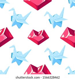 Valentine Day Seamless Pattern - Cartoon Blue Paper Origami Cranes And Pink Crystal Or Glass Heart On White, Holiday Ornament Or Decor - Vector Romantic Background, Texture For Wrapping, Textile