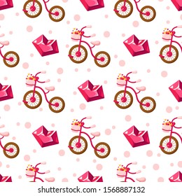 Valentine Day seamless pattern - cartoon pink bicycle with basket filled with small hearts, crystal glass heart, holiday romantic mood, vector background, texture for wrapping, textile, fabric print