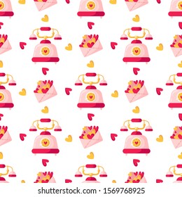 Valentine Day seamless pattern - cartoon pink envelope for letter, retro cute phone, colorful hearts, holiday romantic mood, vector background, texture for wrapping, textile, fabric print