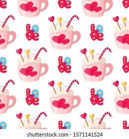 Valentine Day seamless pattern - cartoon hot beverage mug or cup - coffee, cocoa, lettering word love, little hearts, holiday romantic mood - vector background, texture for wrapping, textile