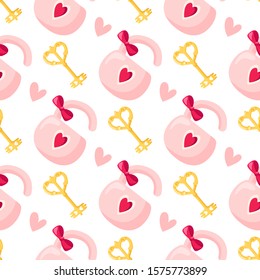 Valentine Day seamless pattern - cartoon pink lock with bow, golden key and heart, holiday romantic mood, vector background, texture for wrapping, textile, fabric print