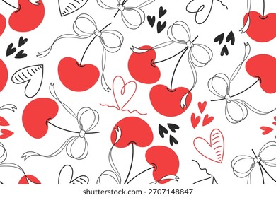 Dia dos namorados padrão sem emenda com coração de cereja e projeto de arco para tecido, algodão, papel de parede, cetim todos os tipos de impressão têxtil e fundo