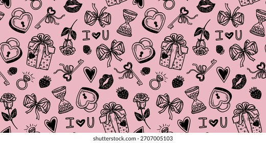 Patrón sin fisuras de San Valentín con lazo coqueta y rosa en estilo de boceto doodle. Negro sobre rosa dibujado a mano con lindos Elementos románticos. Ideal para fondo de tarjeta de boda o impresión de Fondo de pantalla.