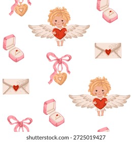 Dia dos Namorados padrão sem costura com anjo Cupido, caixa de anel e medalhão vintage