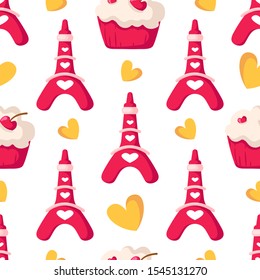 Valentine Day seamless pattern - cute stylized eiffel tower, sweet cupcakes or dessert, yellow hearts, romantic holiday mood, vector background, endless texture for wrapping, textile, fabric print