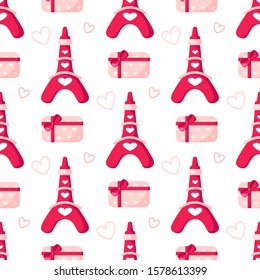 Valentine Day seamless pattern - cute stylized eiffel tower, gift box with pink bow and hearts - vector romantic background, endless texture for wrapping, textile, fabric print