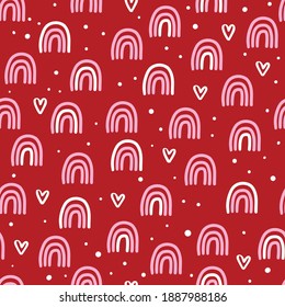 Patrón sin fisuras del día de San Valentín con hermosos arcos y corazones sobre un fondo rojo, vector. Plantilla para postales, papel pintado, papel textil, papel de rayado y papel de envoltura.