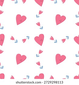 Patrón sin fisuras del día de San Valentín con los corazones lindos y las flores románticas en el fondo blanco