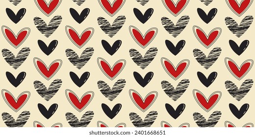 Valentine Day Seamless Pattern with Different Hearts. Retro Love Holiday Background with Cute Hearts.