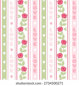 Dia dos namorados padrão sem costura com listras florais e listras com a palavra amor e corações. Design para tecido, papel de parede, papel nas cores rosa e verde. Ilustração vetorial.