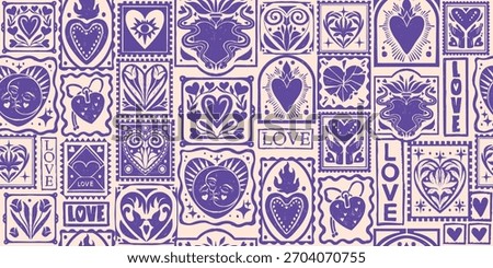 Valentine Day seamless pattern, hand drawn love texture, heart tile mosaic graphic holiday print. Romantic festive background, decoration greeting letter paper postmark texture. Geometric love pattern