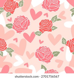 Día de San Valentín sin patrón con corazones y rosas de diseño para la tela, algodón, Fondo de pantalla, satén todo tipo de impresión textil y de fondo	