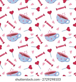 Valentine Day Seamless Pattern with Hot Drink, Candy and Romantic Elements
