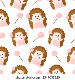 Valentine Day seamless pattern - little hedgehog with pink lollipop or candy, forest animal, cute cartoon character - vector romantic background, endless texture for wrapping, textile, print 