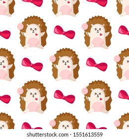 Valentine Day seamless pattern - little hedgehog with pink bow, forest animal, cute cartoon character - vector romantic background, endless texture for wrapping, textile, print 