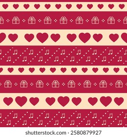 Valentine day seamless pattern. Love background. Vinous texture with heart, present and note. Retro romantic print. Cute wrapping paper. Vintage romance backdrop. Vector illustration. Geometric design