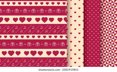 Valentine day seamless pattern. Love background. Vinous texture with heart, present, polka dot. Retro romantic print. Set vintage wrapping papers. Cute backdrops. Vector illustration. Geometric design