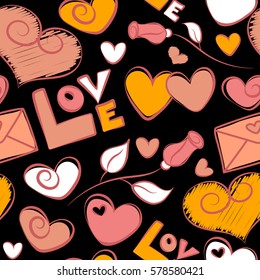 Valentine day seamless pattern on a black background. Abstract Valentines day background. Vector hearts love Handmade Paper.