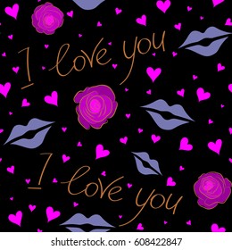 Valentine day seamless pattern on a black background. Abstract Valentines day background. Vector hearts love Handmade Paper in magenta, brown and violet colors.