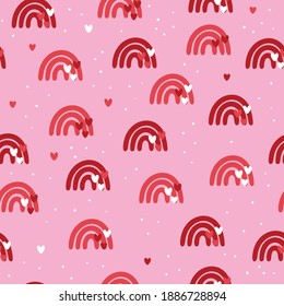 Patrón sin fisuras del día de San Valentín con arcos de lluvia y corazones en un fondo rosa en vector. Plantilla para postales, papel pintado, papel textil, papel de rayado y papel de envoltura.