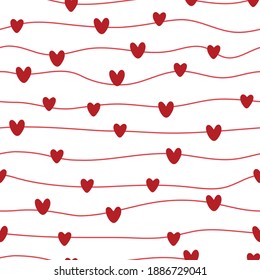 Valentine day seamless pattern with red lines and hearts on a white background in vector. Template for postcards, wallpaper, textile, scrapbooking and wrapping paper.