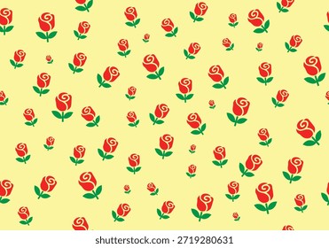 Día de San Valentín Patrón sin fisuras de rosas rojas con hojas verdes sobre un fondo amarillo pálido Palabras claves: rosa, rosa roja