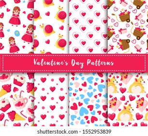 Valentine Day seamless pattern set - cartoon kawaii girl, welsh corgi puppy, pink cute snail, ice cream, hot cocoa cup, abstract texture with hearts,  romantic vector background for wrapping, textile