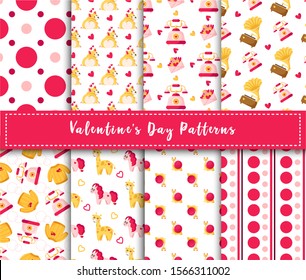 Valentine Day seamless pattern set - cartoon kawaii corgi puppy, unicorn, cute snail, envelope, knitted sweater, phone, hearts, abstract polka dot romantic vector background for wrapping, textile