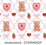 Valentine day seamless pattern with teddy bear toy, heart cake and lollipop
