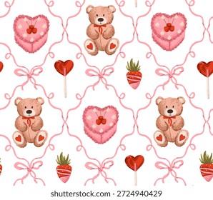 Valentine day seamless pattern with teddy bear toy, heart cake and lollipop