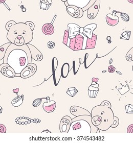 Valentine day seamless pattern with teddy bear, sweets and LOVE hand drawn sign. Romantic background. Vector illustration