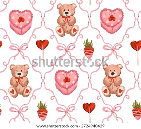 Valentine day seamless pattern with teddy bear toy, heart cake and lollipop