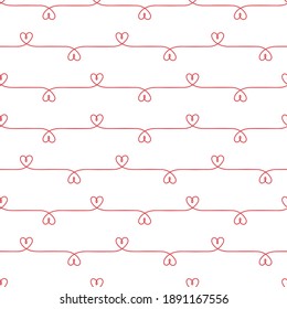 Valentine day seamless pattern with thin script line of red hearts vector on a white background. Template for postcards, wallpaper, textile, scrapbooking and wrapping paper.