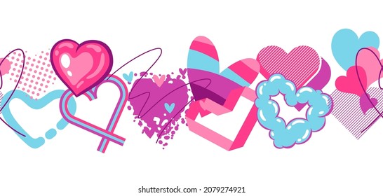 Valentine Day seamless pattern with various hearts. Romantic background.